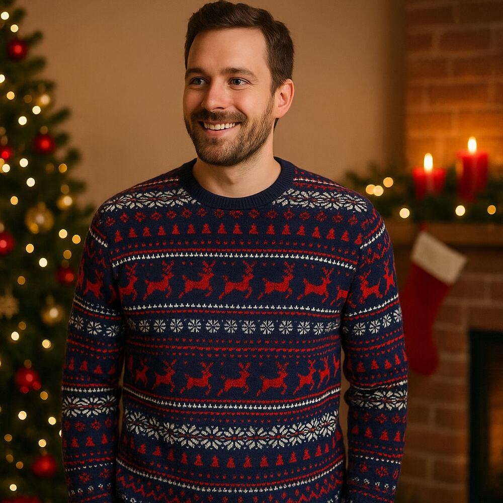 TOPMAN Men's XL Christmas Sweater Navy Fair Isle Reindeer